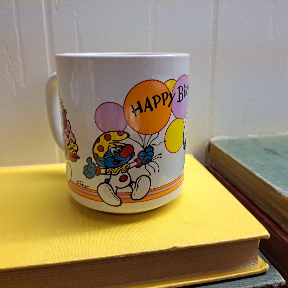 Vintage Smurf Happy Birthday Coffee Mug Cup